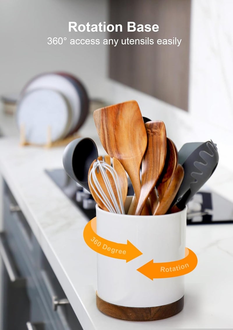 Nucookery 360° Rotating Utensil Holder, 7.2" Large Utensil Crock, White Ceramic Cooking Utensil Organizer with Countertop-Protection Cork Bottom for Farmhouse Kitchen Decor Christmas Gift (White) - Image 4